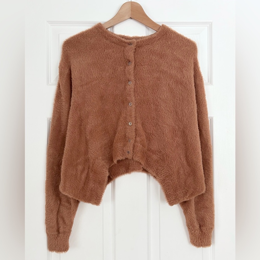 Free People Fuzzy Cropped Cardigan in Caramel